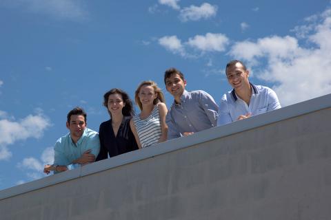 Draper’s Red Bull Flugtag team Possibilities Are Coming flight crew members are (left to right) Chace Medeiros, Violet Davis, Sarita Marom, Max Gittelman and Shadi Abujoub. They will launch their flying machine at Flugtag Boston on Aug. 20, 2016, at the D