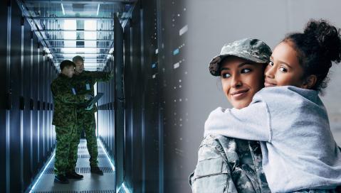 Banner image depicting people in uniform in a server room and a military parent with a child