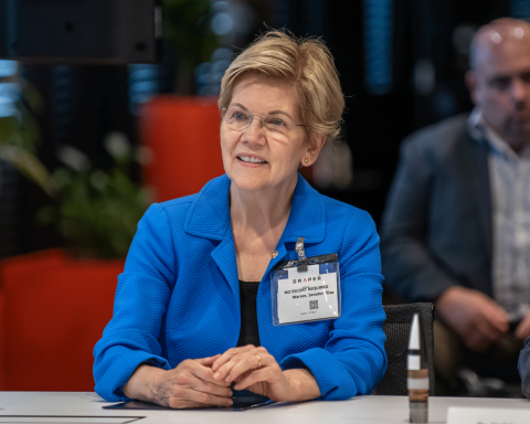 U.S. Senator Elizabeth Warren attends a discussion of Draper